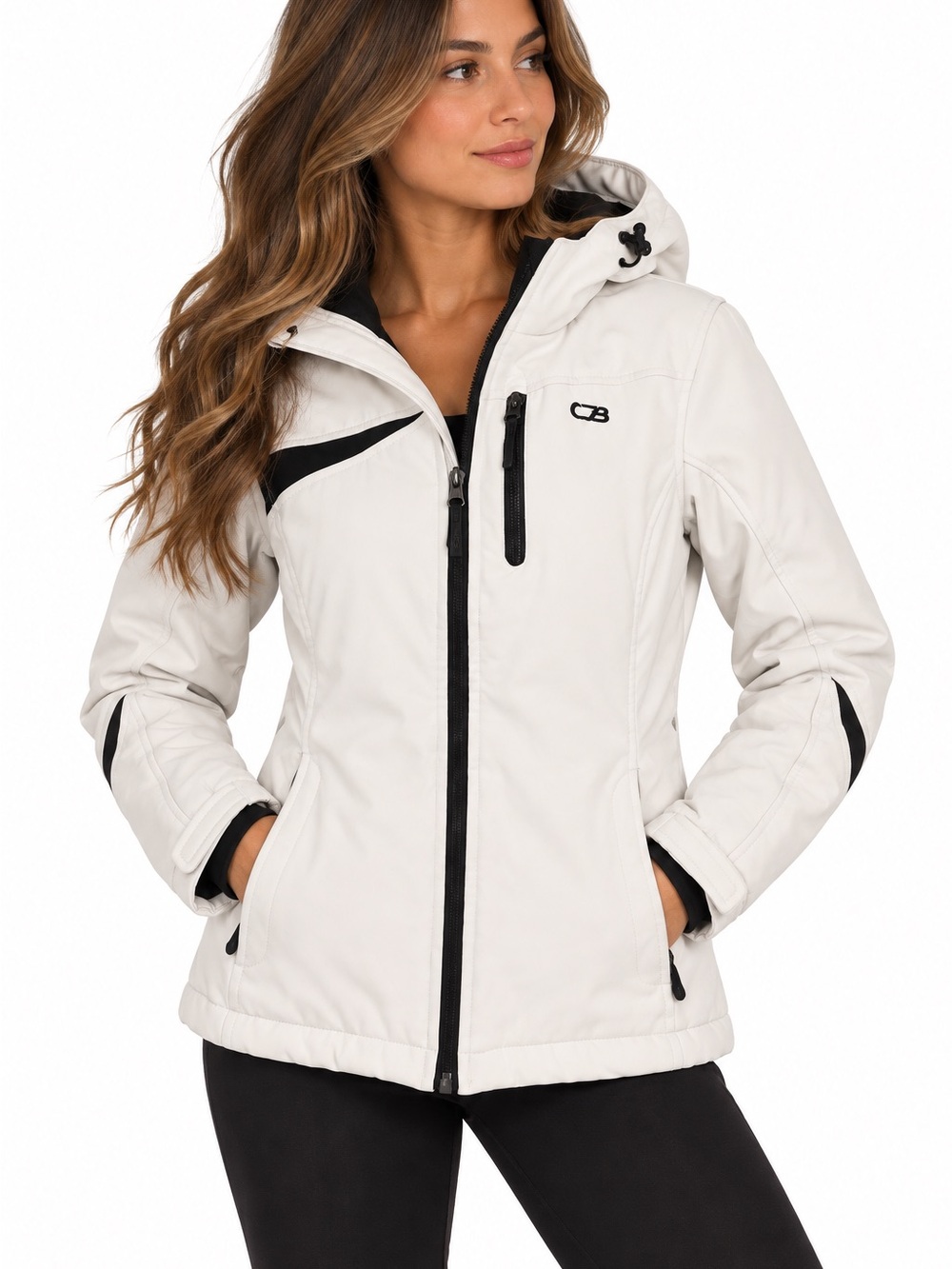 Women's white Hooded Ski Jacket with Black Trim